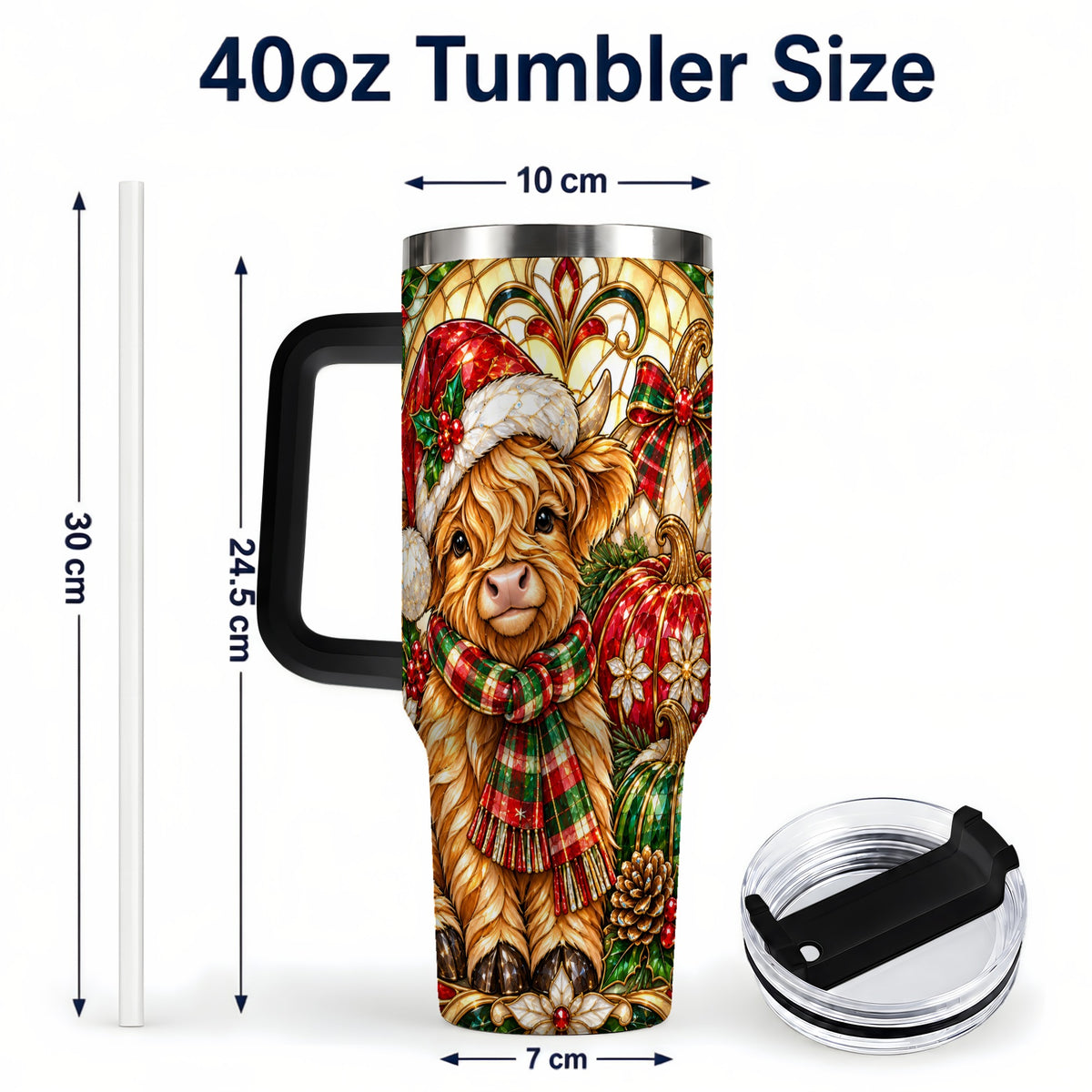 #pl[40oz|Black] Stained Glass Highland Cow 40oz Tumbler with Handle, Holiday Pumpkin Cup