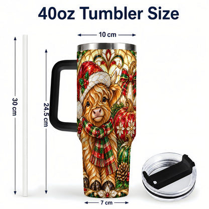 #pl[40oz|Black] Stained Glass Highland Cow 40oz Tumbler with Handle, Holiday Pumpkin Cup