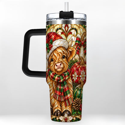 #pl[40oz|Black] Stained Glass Highland Cow 40oz Tumbler with Handle, Holiday Pumpkin Cup