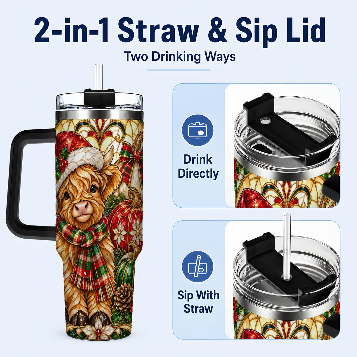 #pl[40oz|Black] Stained Glass Highland Cow 40oz Tumbler with Handle, Holiday Pumpkin Cup