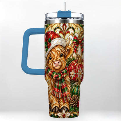 #pl[40oz|Blue] Stained Glass Highland Cow 40oz Tumbler with Handle, Holiday Pumpkin Cup