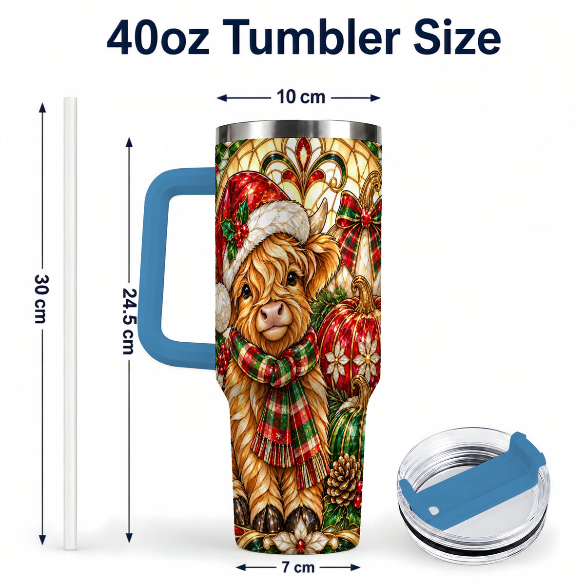 #pl[40oz|Blue] Stained Glass Highland Cow 40oz Tumbler with Handle, Holiday Pumpkin Cup