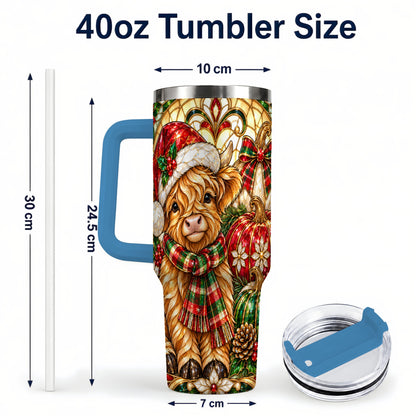 #pl[40oz|Blue] Stained Glass Highland Cow 40oz Tumbler with Handle, Holiday Pumpkin Cup