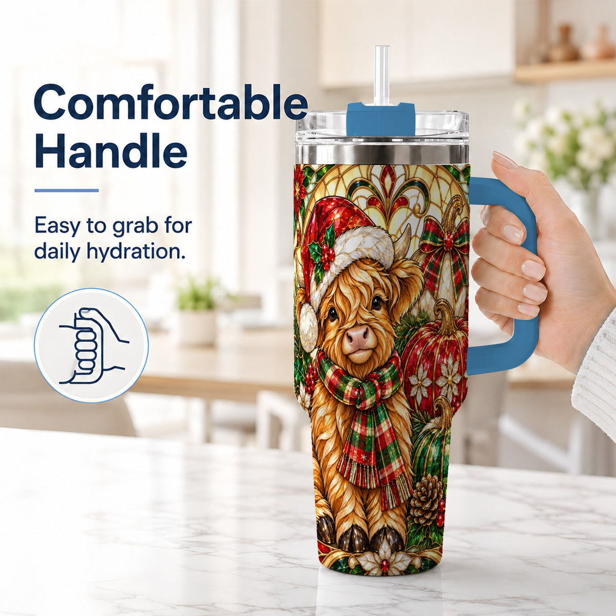 #pl[40oz|Blue] Stained Glass Highland Cow 40oz Tumbler with Handle, Holiday Pumpkin Cup