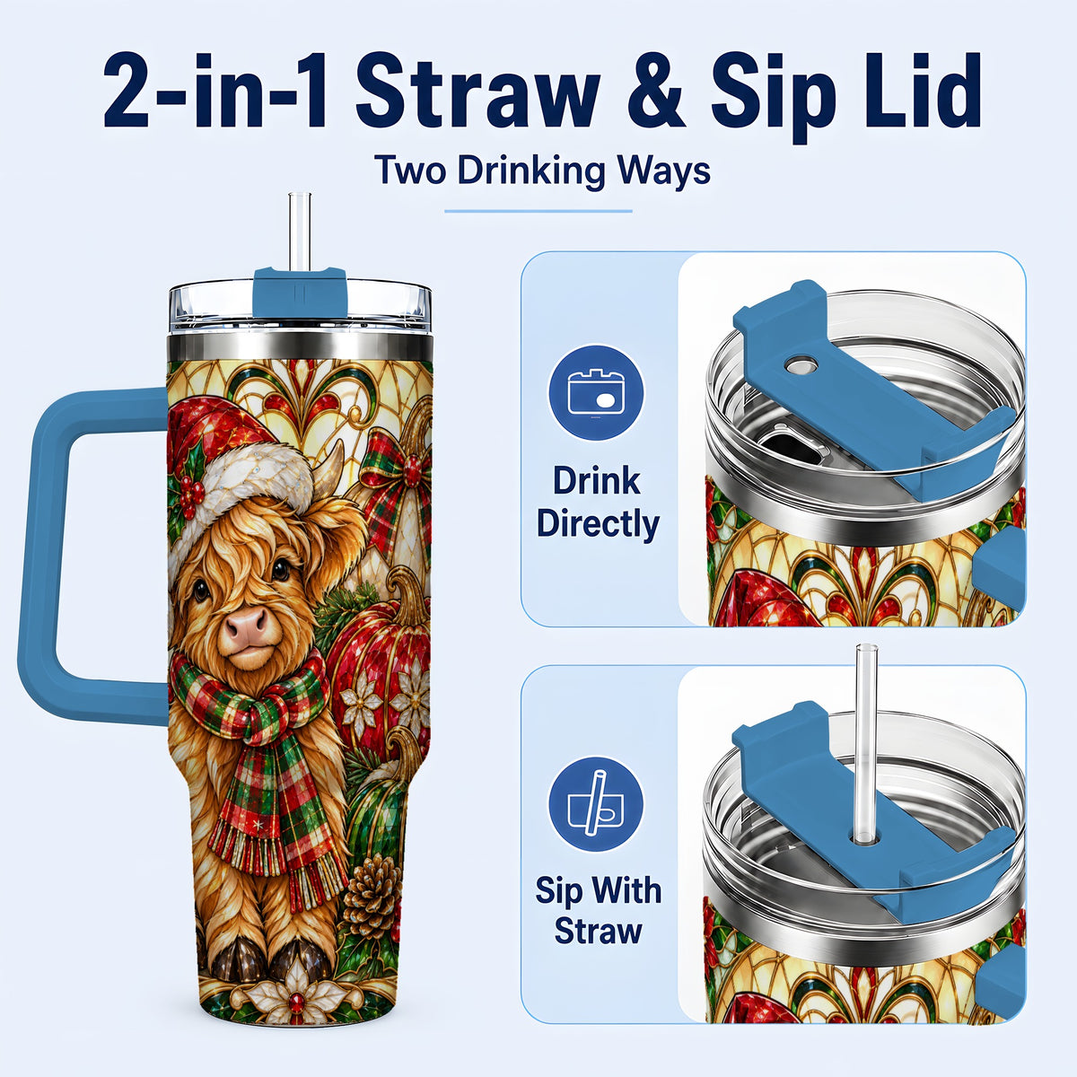 #pl[40oz|Blue] Stained Glass Highland Cow 40oz Tumbler with Handle, Holiday Pumpkin Cup