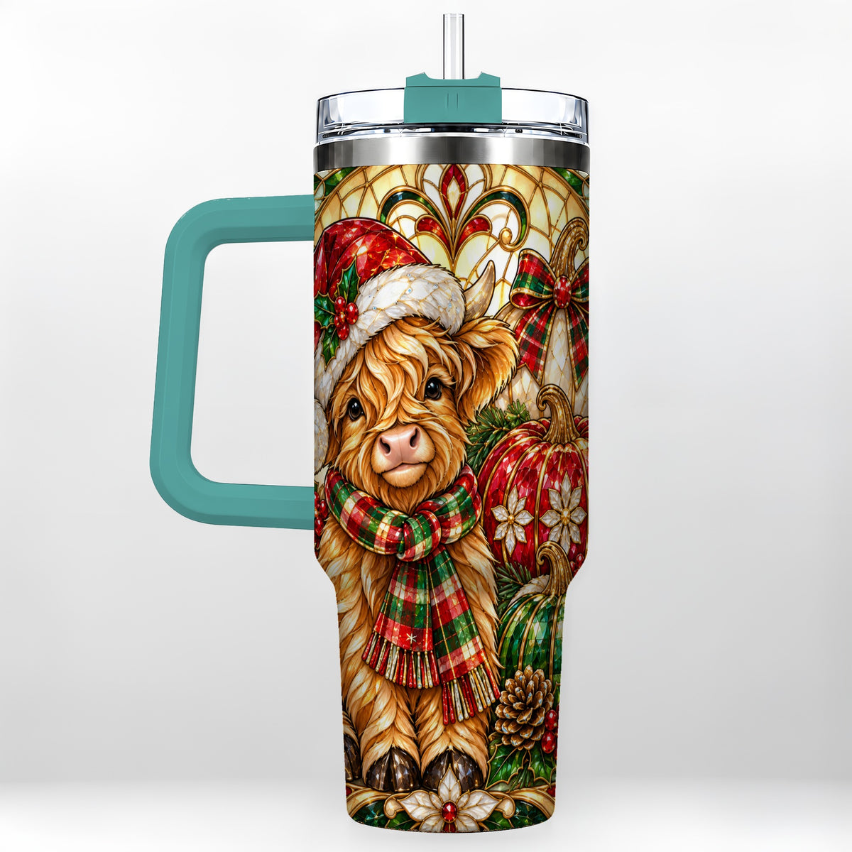 #pl[40oz|Green] Stained Glass Highland Cow 40oz Tumbler with Handle, Holiday Pumpkin Cup