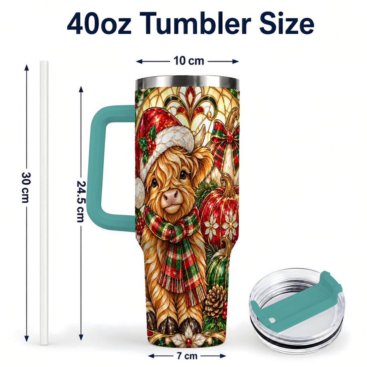 #pl[40oz|Green] Stained Glass Highland Cow 40oz Tumbler with Handle, Holiday Pumpkin Cup