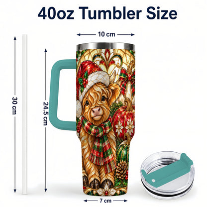 #pl[40oz|Green] Stained Glass Highland Cow 40oz Tumbler with Handle, Holiday Pumpkin Cup