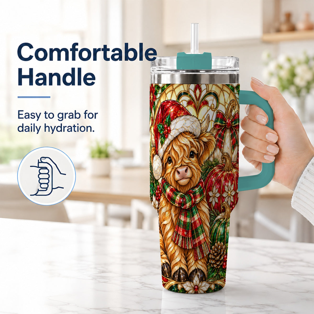 #pl[40oz|Green] Stained Glass Highland Cow 40oz Tumbler with Handle, Holiday Pumpkin Cup
