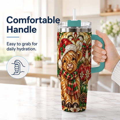 #pl[40oz|Green] Stained Glass Highland Cow 40oz Tumbler with Handle, Holiday Pumpkin Cup