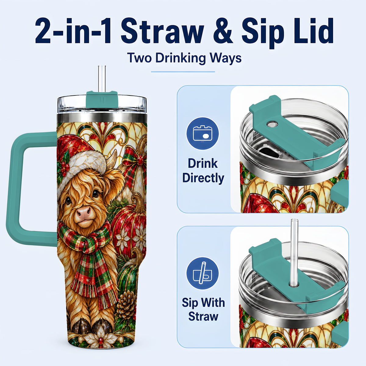#pl[40oz|Green] Stained Glass Highland Cow 40oz Tumbler with Handle, Holiday Pumpkin Cup