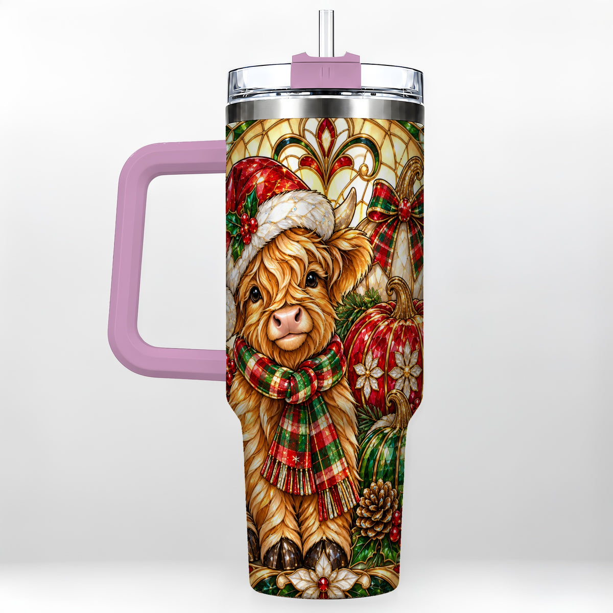 #pl[40oz|Pink] Stained Glass Highland Cow 40oz Tumbler with Handle, Holiday Pumpkin Cup