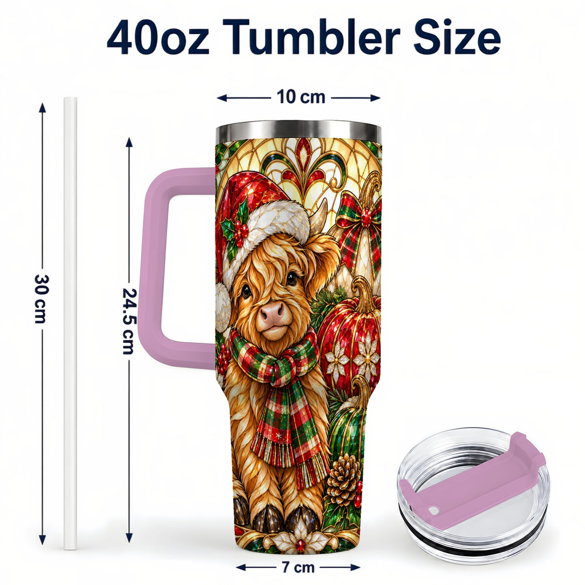 #pl[40oz|Pink] Stained Glass Highland Cow 40oz Tumbler with Handle, Holiday Pumpkin Cup