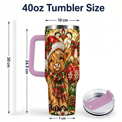 #pl[40oz|Pink] Stained Glass Highland Cow 40oz Tumbler with Handle, Holiday Pumpkin Cup