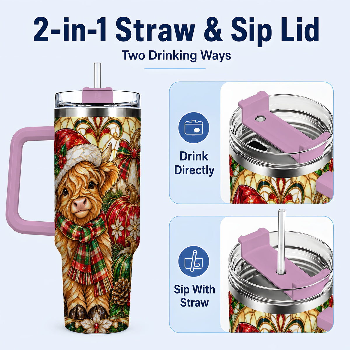 #pl[40oz|Pink] Stained Glass Highland Cow 40oz Tumbler with Handle, Holiday Pumpkin Cup