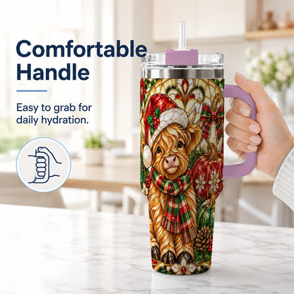 #pl[40oz|Pink] Stained Glass Highland Cow 40oz Tumbler with Handle, Holiday Pumpkin Cup