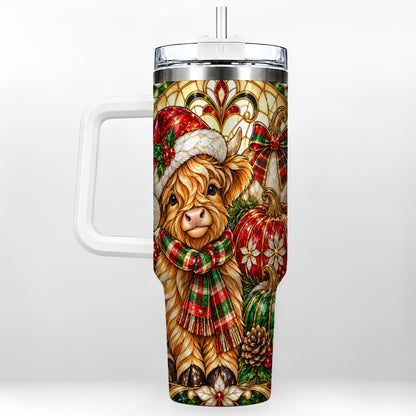 #pl[40oz|White] Stained Glass Highland Cow 40oz Tumbler with Handle, Holiday Pumpkin Cup