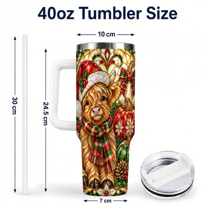 #pl[40oz|White] Stained Glass Highland Cow 40oz Tumbler with Handle, Holiday Pumpkin Cup