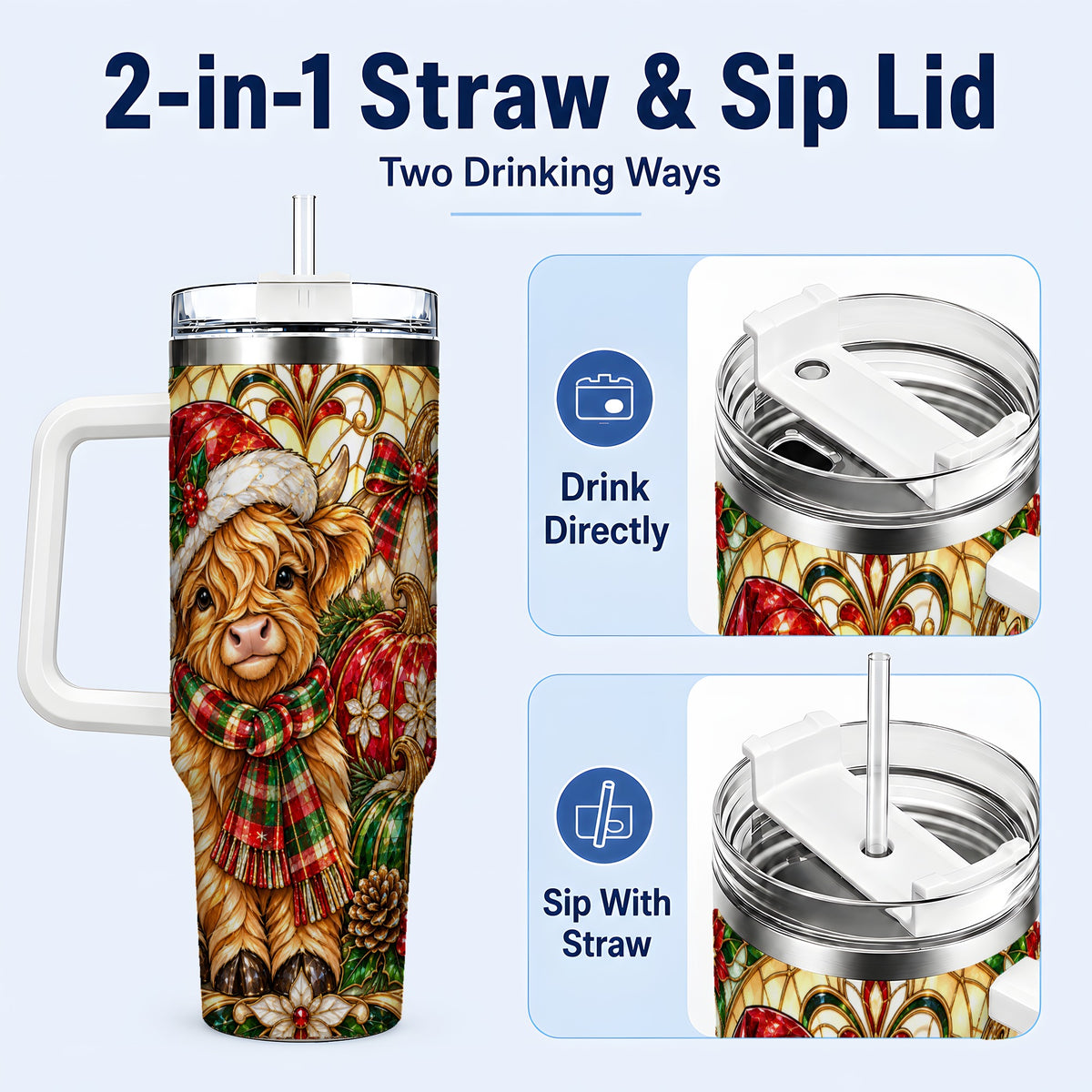 #pl[40oz|White] Stained Glass Highland Cow 40oz Tumbler with Handle, Holiday Pumpkin Cup