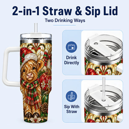 #pl[40oz|White] Stained Glass Highland Cow 40oz Tumbler with Handle, Holiday Pumpkin Cup