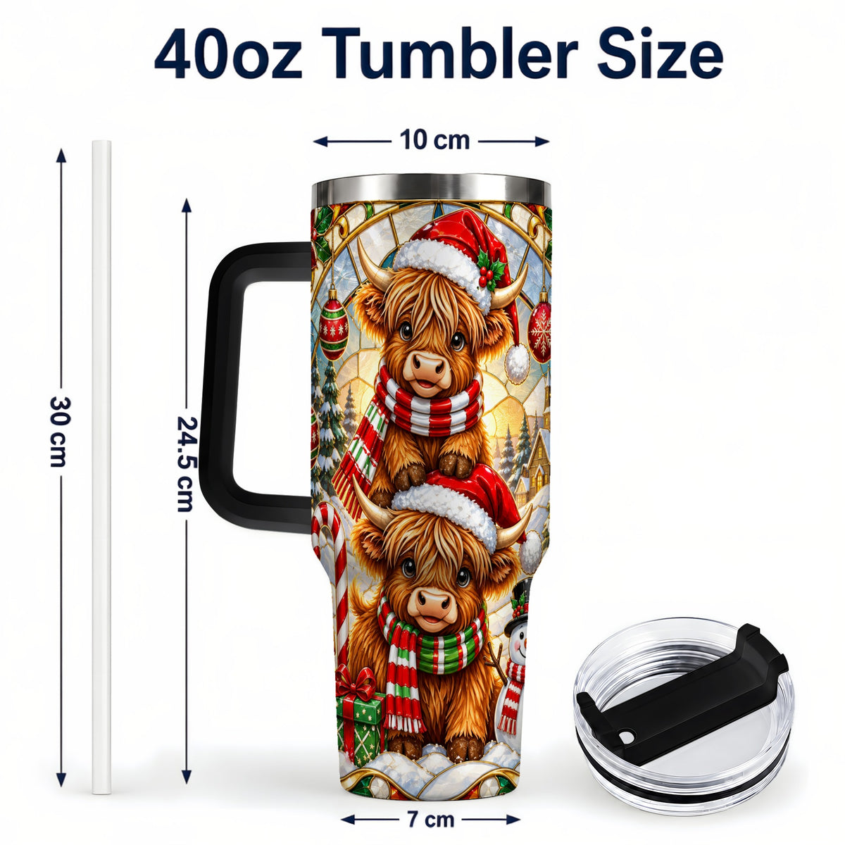 #pl[40oz|Black] Christmas Highland Cow 40oz Tumbler with Handle, Snowman Holiday Cup