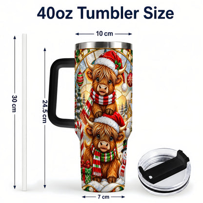 #pl[40oz|Black] Christmas Highland Cow 40oz Tumbler with Handle, Snowman Holiday Cup