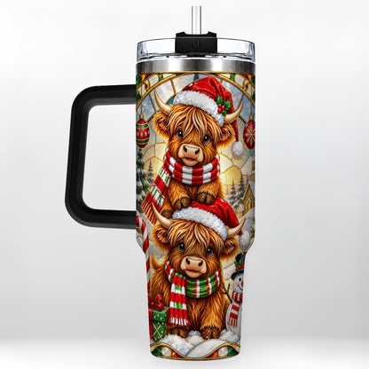 #pl[40oz|Black] Christmas Highland Cow 40oz Tumbler with Handle, Snowman Holiday Cup