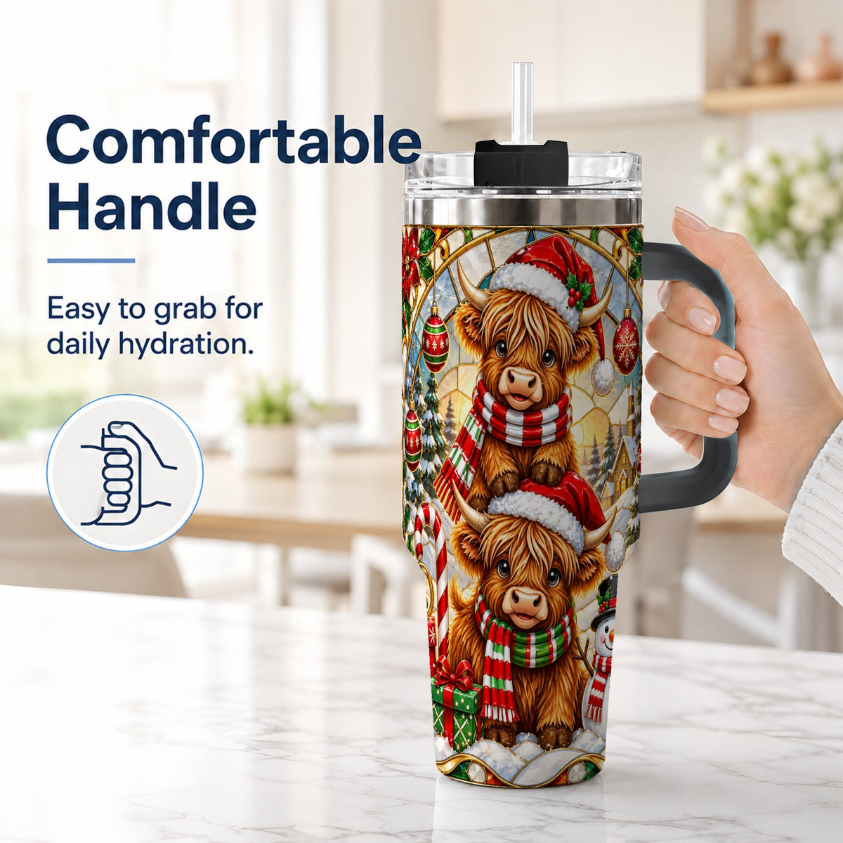 #pl[40oz|Black] Christmas Highland Cow 40oz Tumbler with Handle, Snowman Holiday Cup