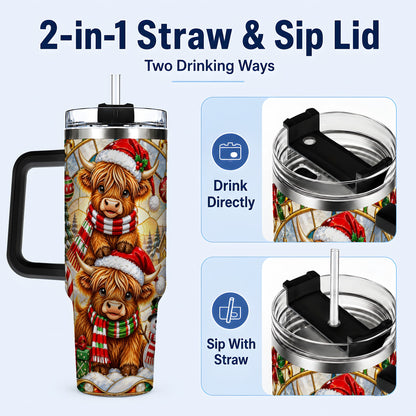 #pl[40oz|Black] Christmas Highland Cow 40oz Tumbler with Handle, Snowman Holiday Cup