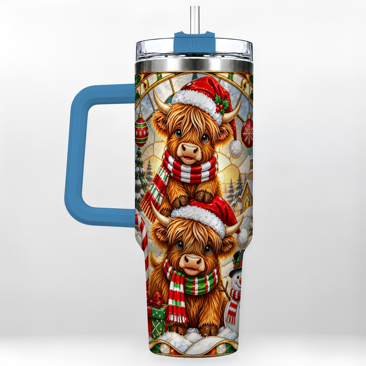 #pl[40oz|Blue] Christmas Highland Cow 40oz Tumbler with Handle, Snowman Holiday Cup