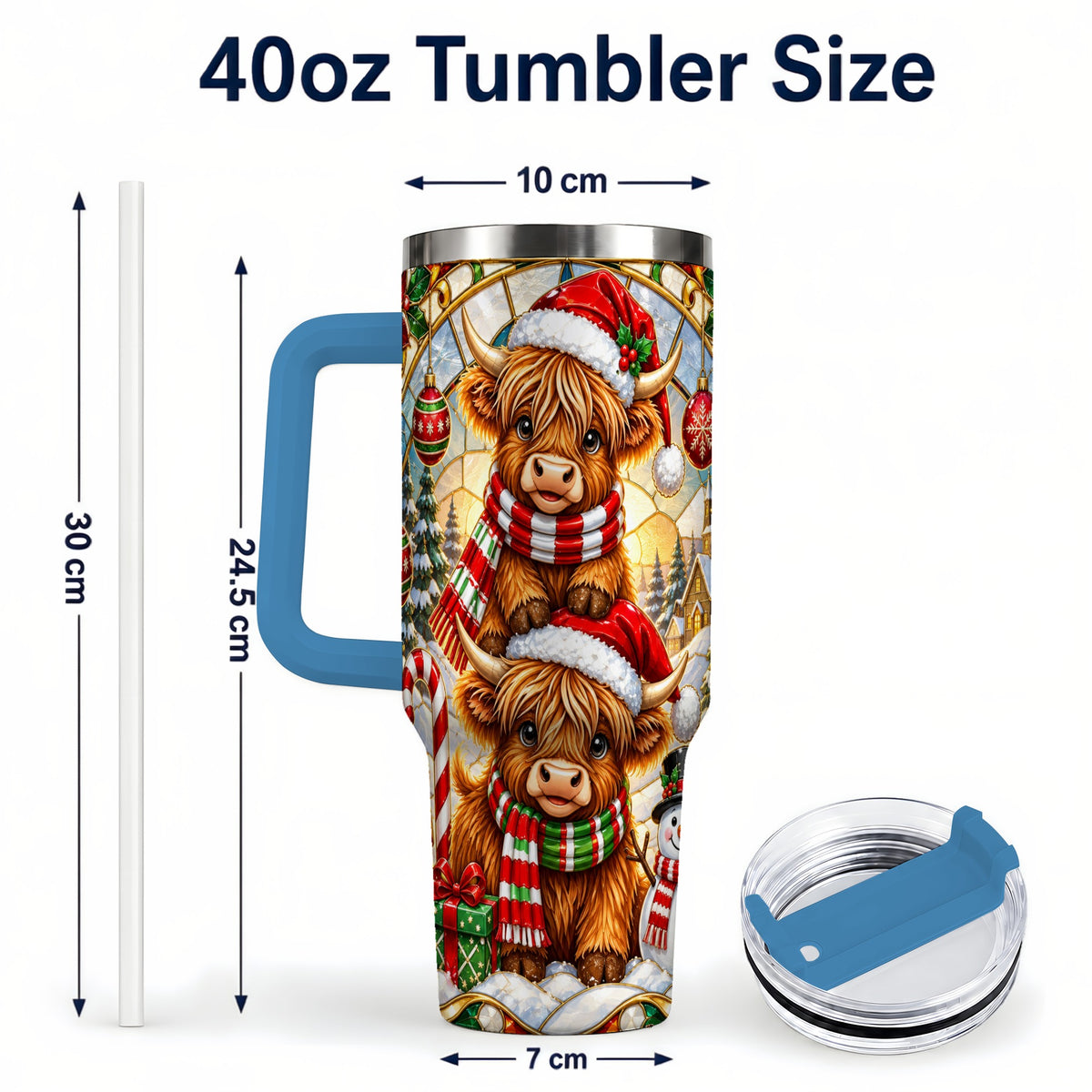#pl[40oz|Blue] Christmas Highland Cow 40oz Tumbler with Handle, Snowman Holiday Cup