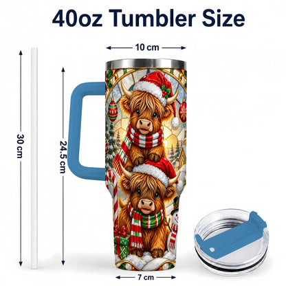 #pl[40oz|Blue] Christmas Highland Cow 40oz Tumbler with Handle, Snowman Holiday Cup