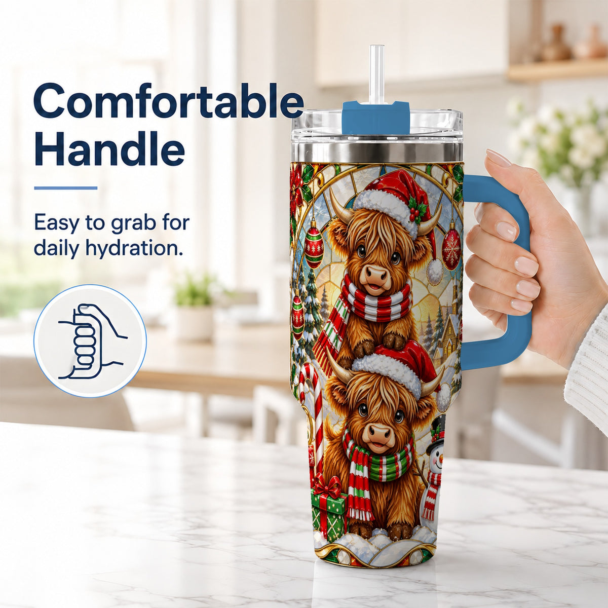 #pl[40oz|Blue] Christmas Highland Cow 40oz Tumbler with Handle, Snowman Holiday Cup