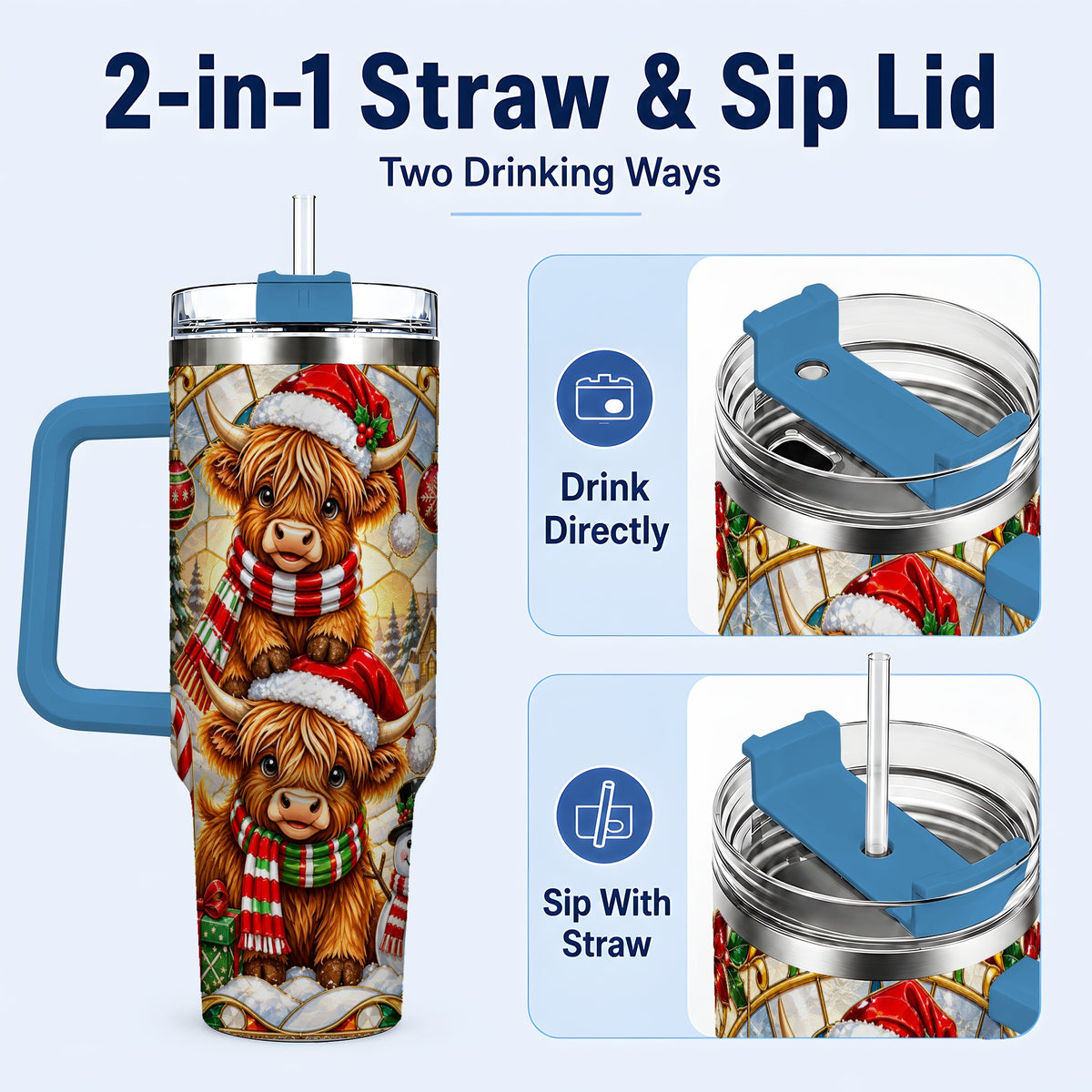 #pl[40oz|Blue] Christmas Highland Cow 40oz Tumbler with Handle, Snowman Holiday Cup
