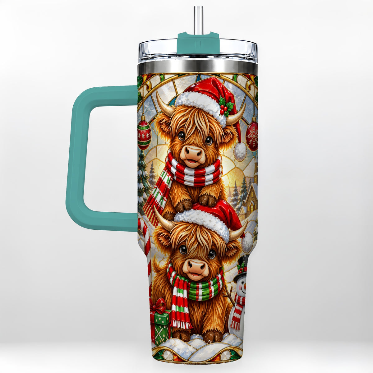#pl[40oz|Green] Christmas Highland Cow 40oz Tumbler with Handle, Snowman Holiday Cup