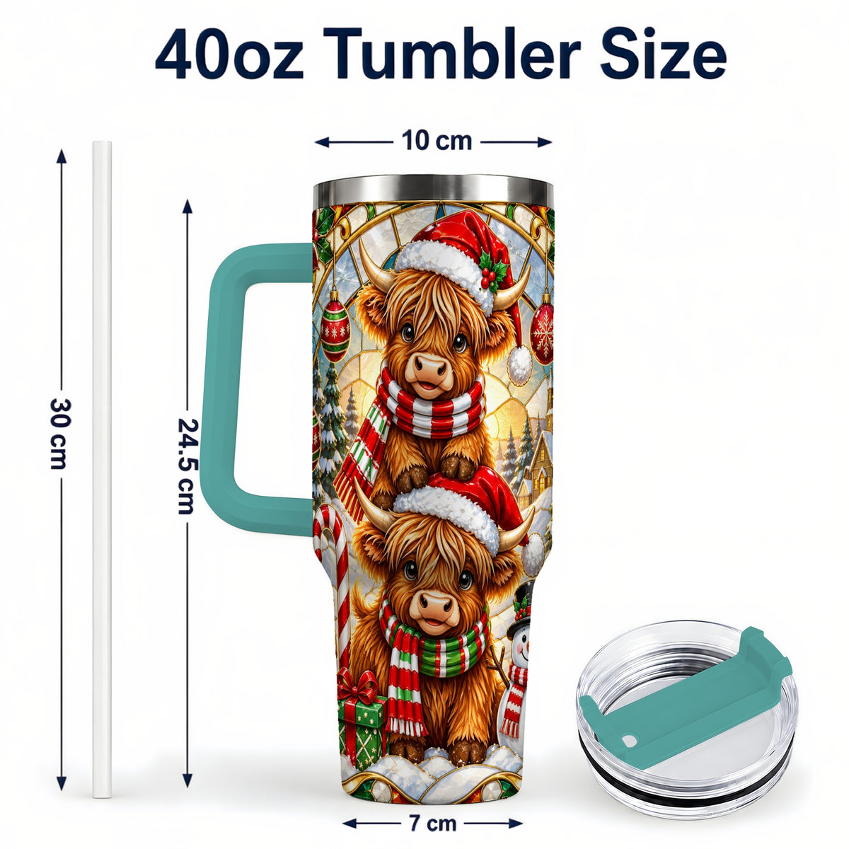 #pl[40oz|Green] Christmas Highland Cow 40oz Tumbler with Handle, Snowman Holiday Cup