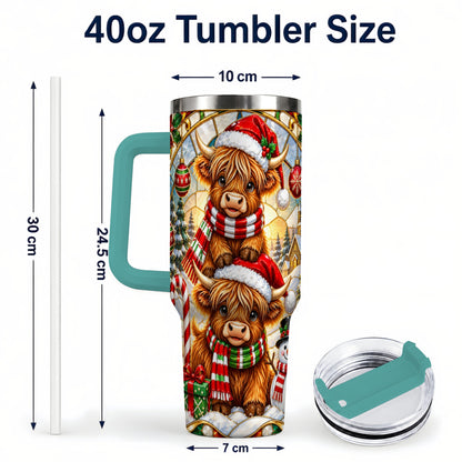 #pl[40oz|Green] Christmas Highland Cow 40oz Tumbler with Handle, Snowman Holiday Cup