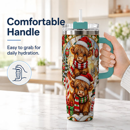 #pl[40oz|Green] Christmas Highland Cow 40oz Tumbler with Handle, Snowman Holiday Cup