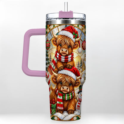 #pl[40oz|Pink] Christmas Highland Cow 40oz Tumbler with Handle, Snowman Holiday Cup