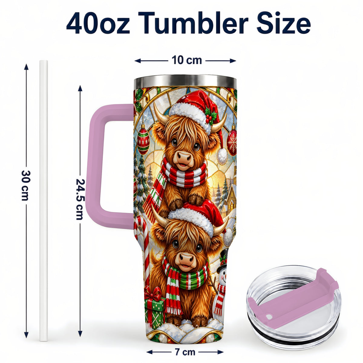 #pl[40oz|Pink] Christmas Highland Cow 40oz Tumbler with Handle, Snowman Holiday Cup