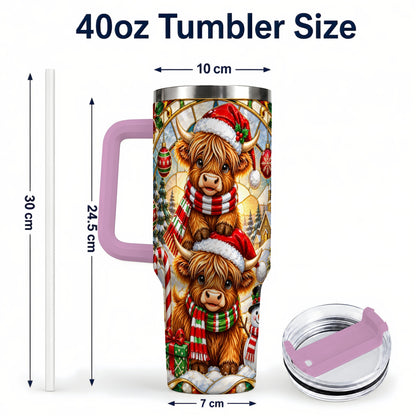 #pl[40oz|Pink] Christmas Highland Cow 40oz Tumbler with Handle, Snowman Holiday Cup