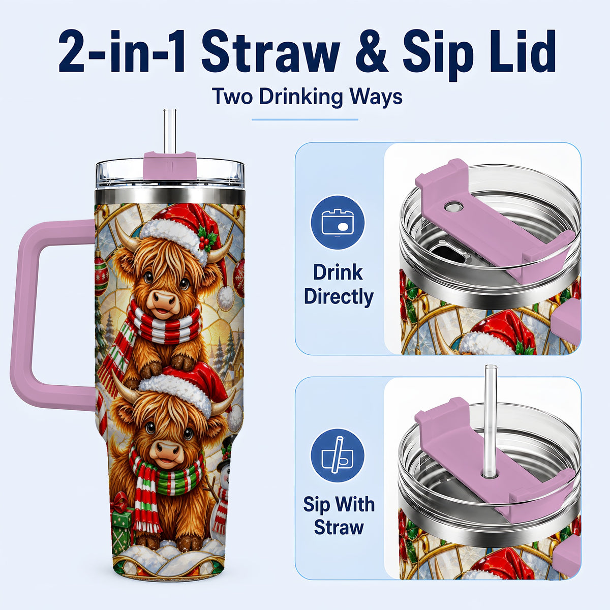 #pl[40oz|Pink] Christmas Highland Cow 40oz Tumbler with Handle, Snowman Holiday Cup