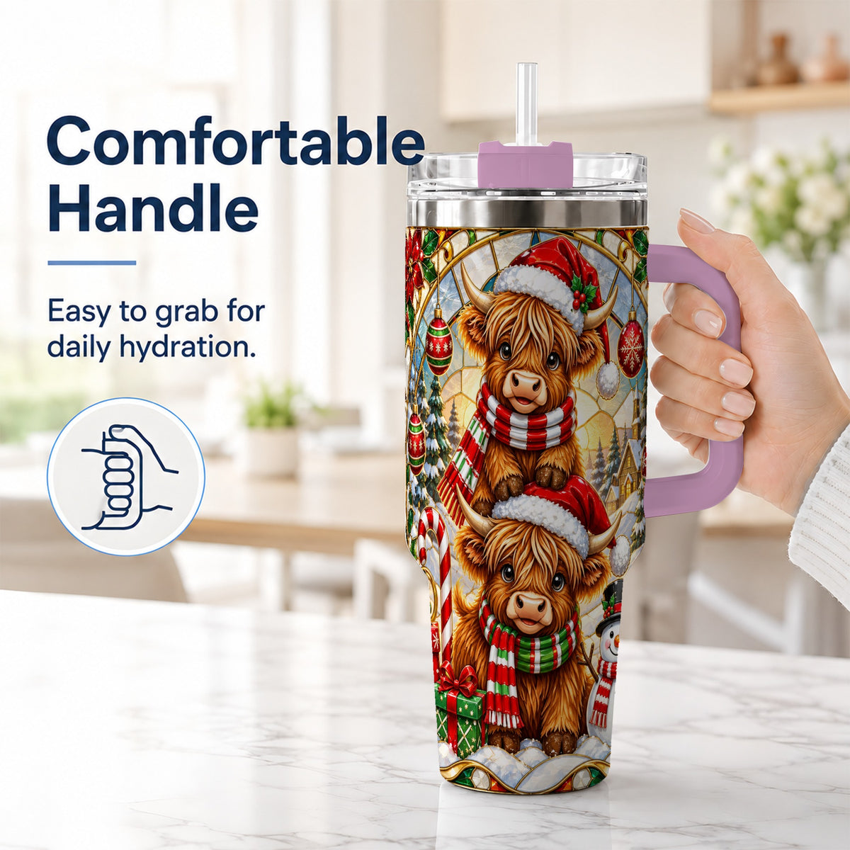 #pl[40oz|Pink] Christmas Highland Cow 40oz Tumbler with Handle, Snowman Holiday Cup
