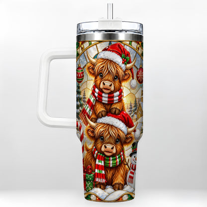 #pl[40oz|White] Christmas Highland Cow 40oz Tumbler with Handle, Snowman Holiday Cup