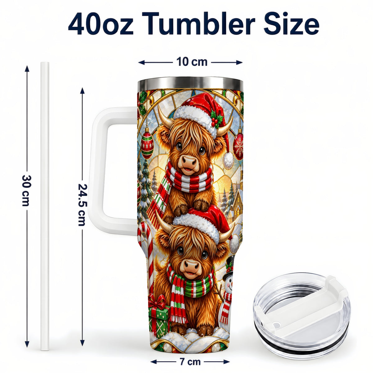 #pl[40oz|White] Christmas Highland Cow 40oz Tumbler with Handle, Snowman Holiday Cup