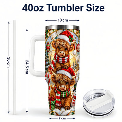 #pl[40oz|White] Christmas Highland Cow 40oz Tumbler with Handle, Snowman Holiday Cup