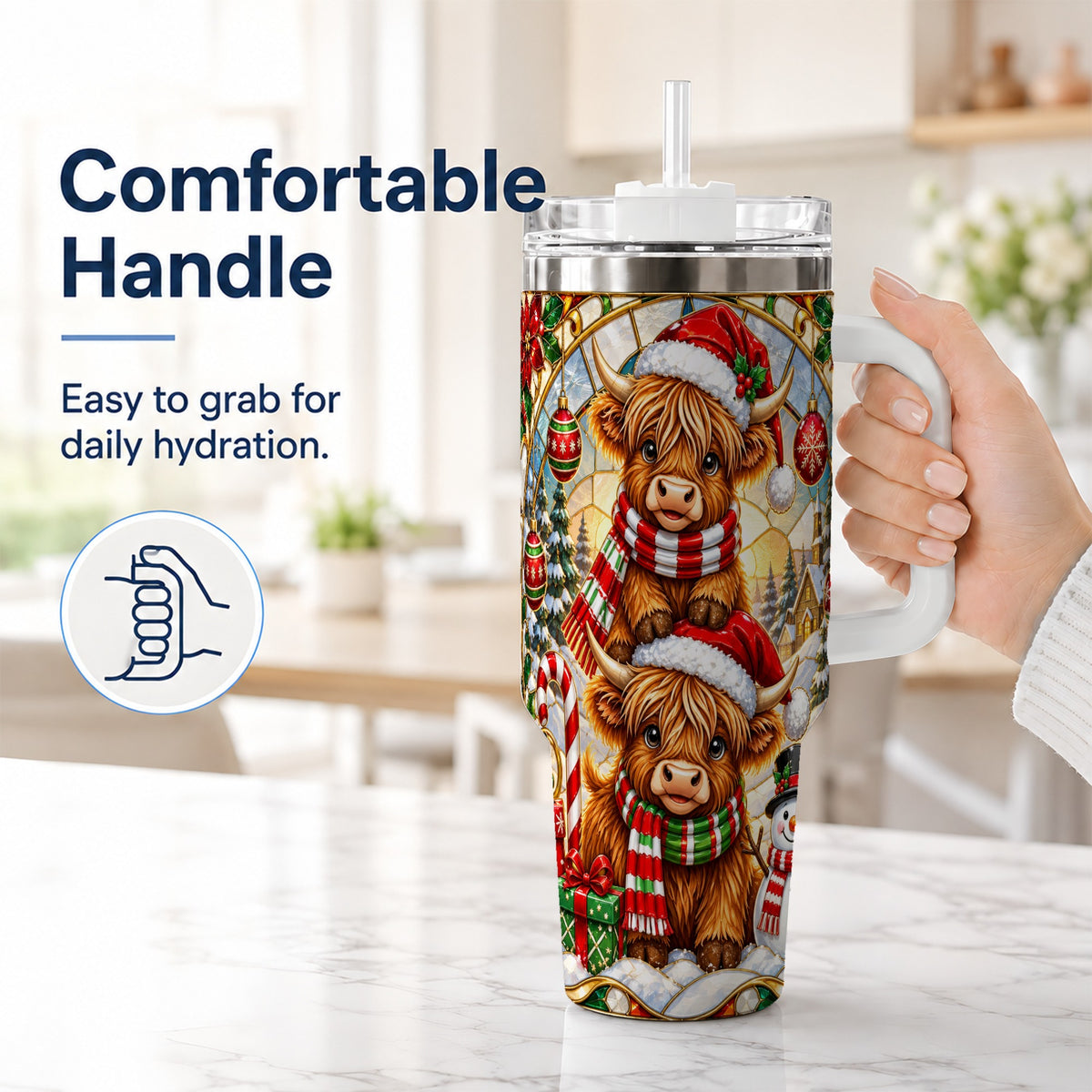 #pl[40oz|White] Christmas Highland Cow 40oz Tumbler with Handle, Snowman Holiday Cup
