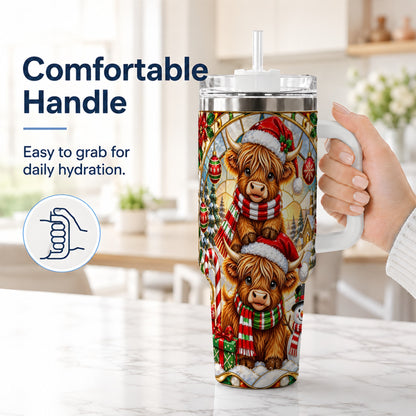 #pl[40oz|White] Christmas Highland Cow 40oz Tumbler with Handle, Snowman Holiday Cup