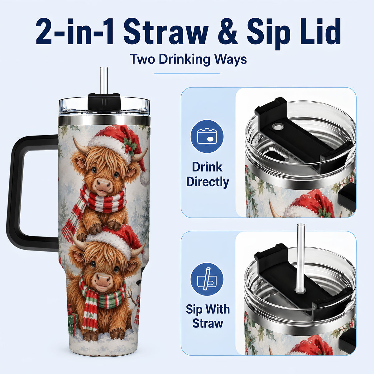 #pl[40oz|Black] Christmas Cow 40oz Tumbler, Highland Tumbler, Stainless Steel Travel Cup