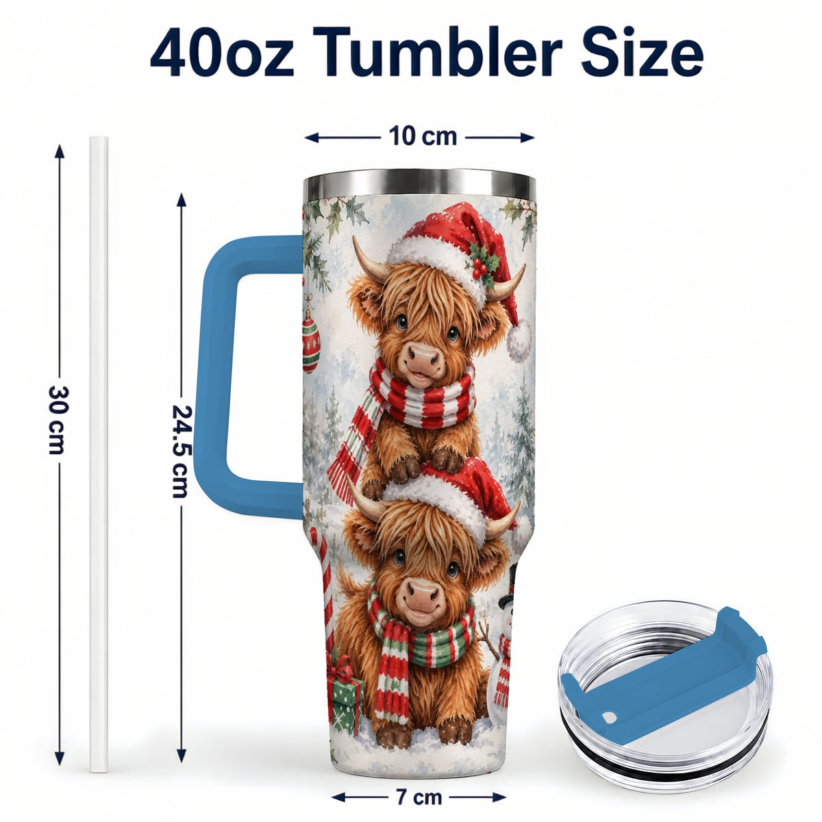 #pl[40oz|Blue] Christmas Cow 40oz Tumbler, Highland Tumbler, Stainless Steel Travel Cup